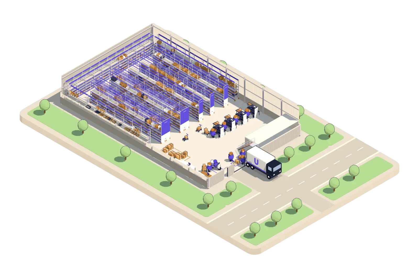 Recreación 3D del depósito Unifull: llega un camión, se arman pedidos y sale una moto.